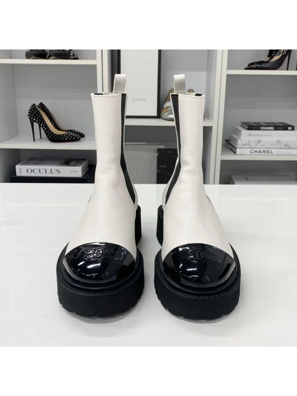 Chanel CC Logo Leather Patent Side Gore Short Boots White